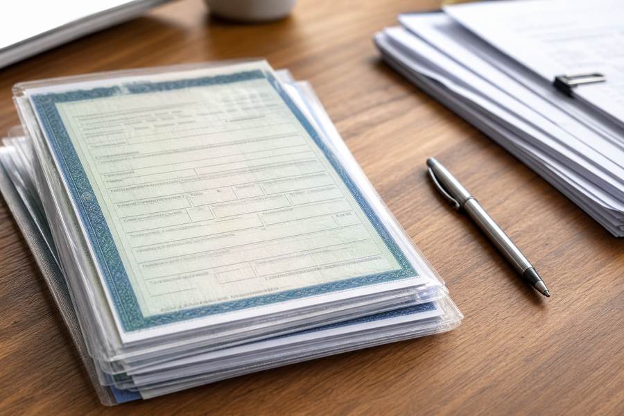 Documentos organizados para licenciamento anual de veículo